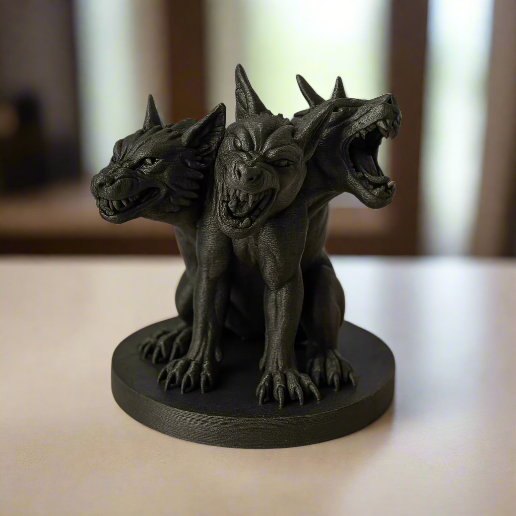 Black Three-Headed Dog Figurine: Mythical Monster Decor