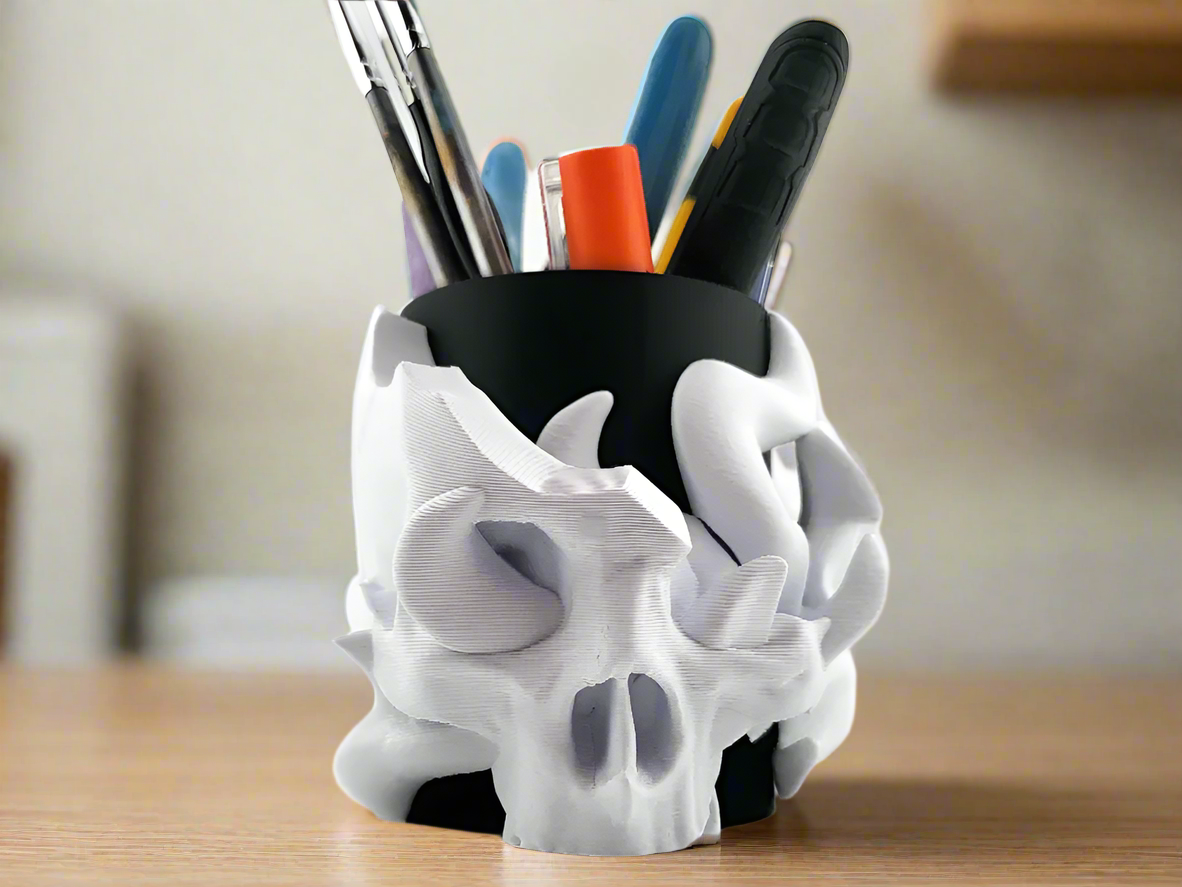 Fire Skull Pen & Tool Holder – Fiery Gothic Desk Organizer