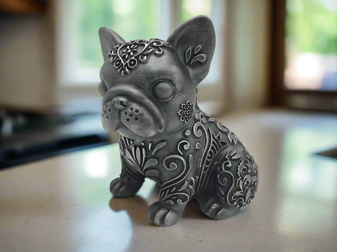 Grey Patterned French Bulldog Figurine: Unique Dog Decor
