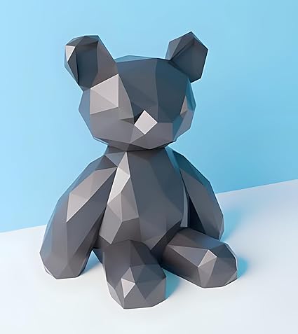 Low Poly Teddy Bear - Adorable Miniature Sculpture (Grey) - Celestial Crafts