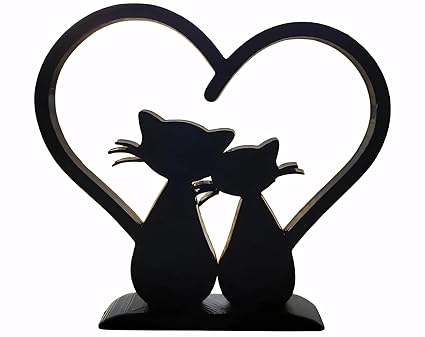 Cats in Love Heart Statue - Romantic Feline Figurine (Black) - Celestial Crafts