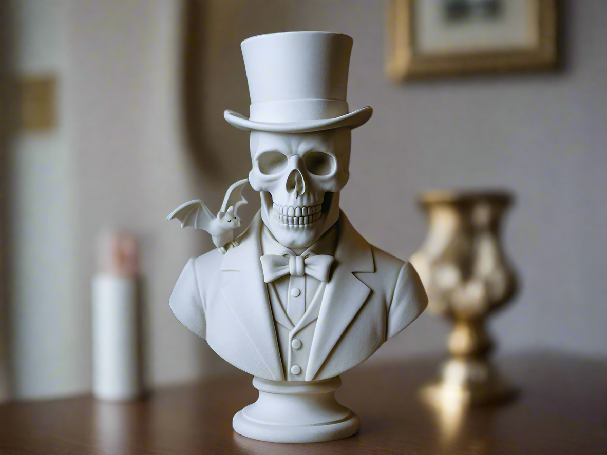 Gentleman Skull Bust with Bat Accent – Gothic Chic Décor