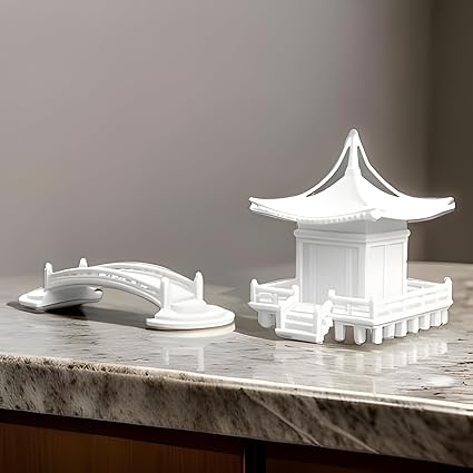 Home decor - White Pagoda and Bridge Decorative Set - Elegant Asian - Inspired Home Decor - Celestial Crafts