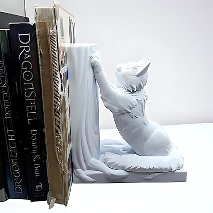 Whimsical Cat Bookend Set: Charming Shelf Decor (White) - Celestial Crafts