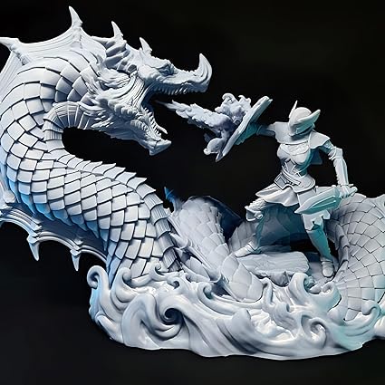 Showpiece - Warrior Fighting with Dragon Showpiece - Epic Fantasy Sculpture (Grey) - Celestial Crafts