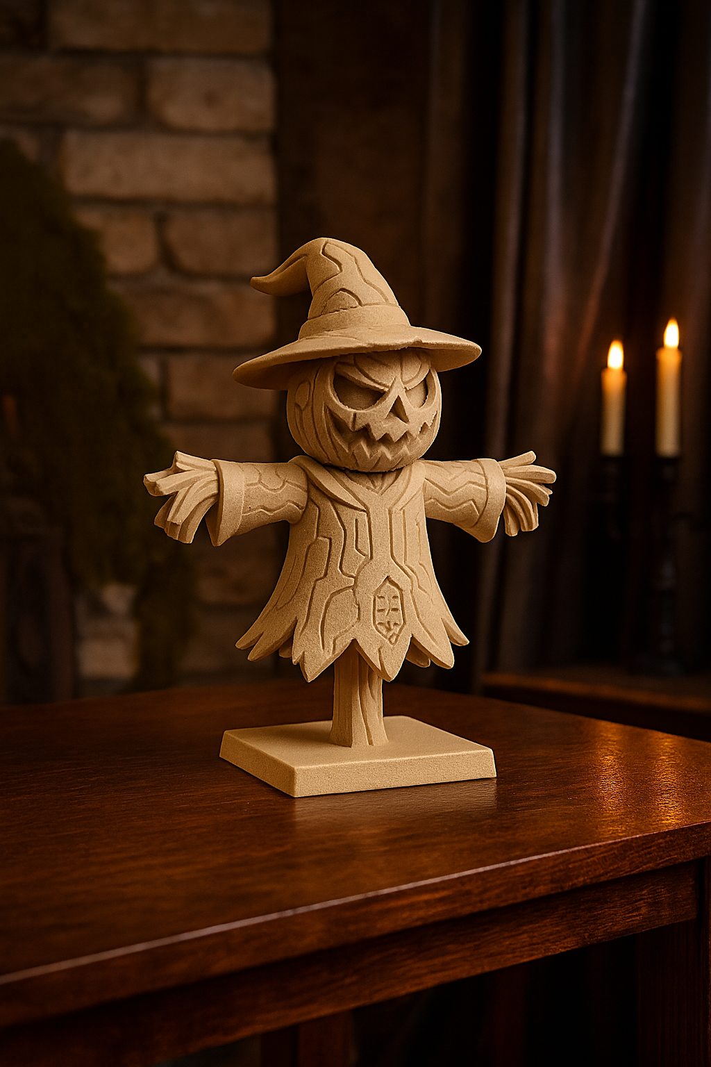 Halloween-themed scarecrow decoration on a wooden surface with candles in the background.