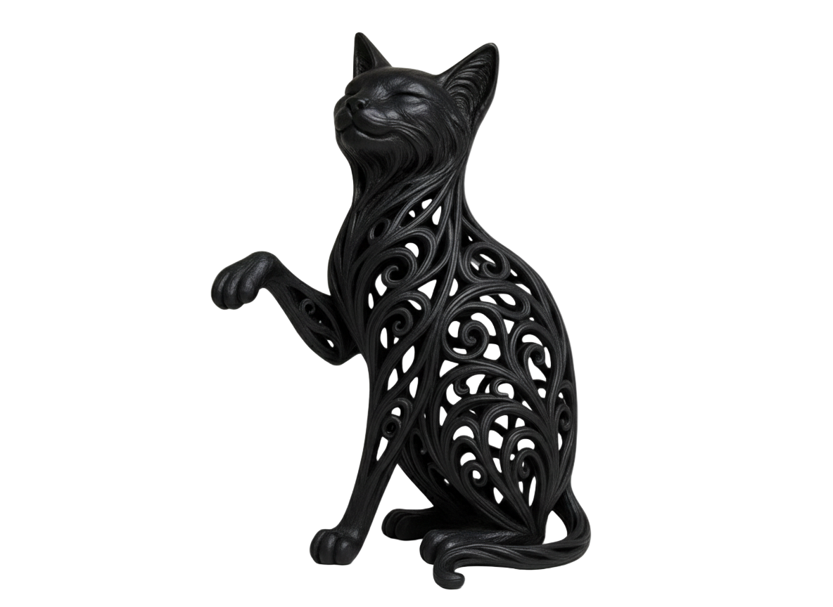 Black cat figurine raised paw lucky charm PLA resin handcrafted