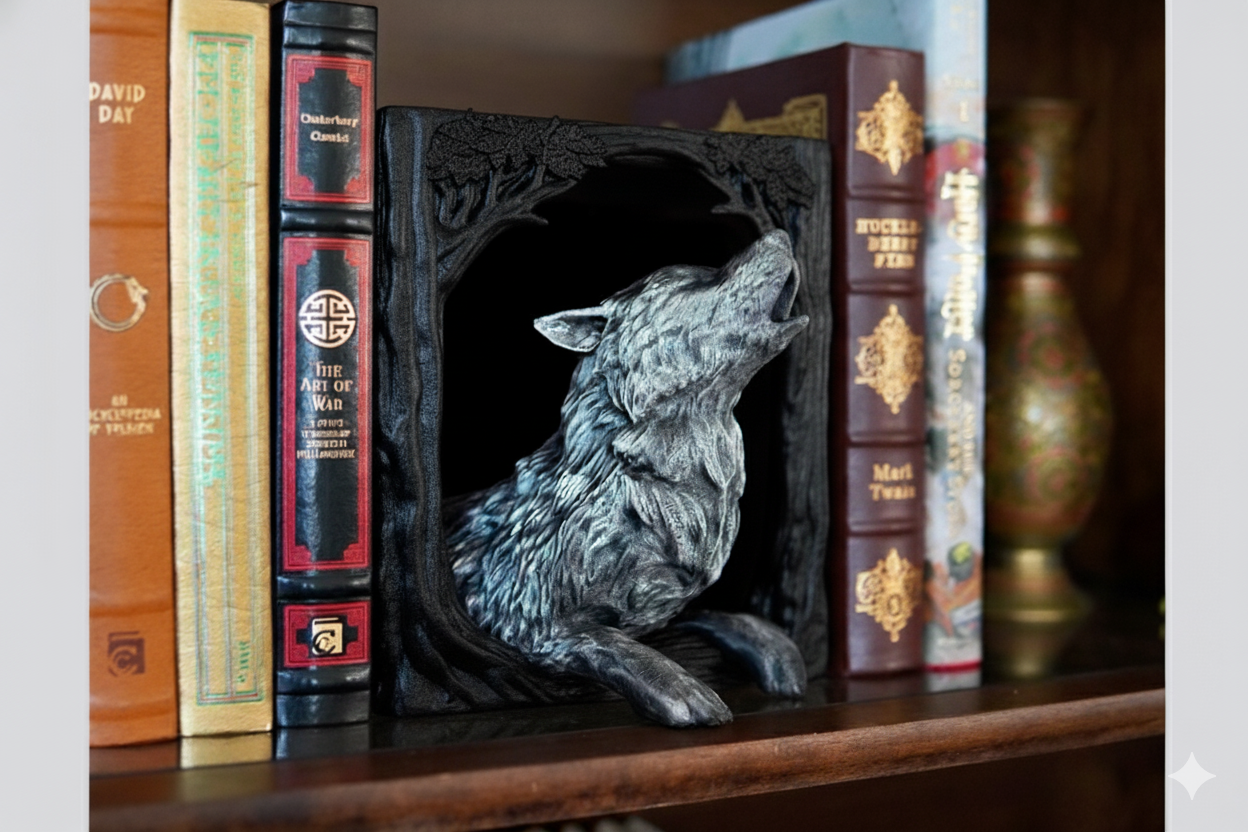 Wolf bookend among books on a shelf