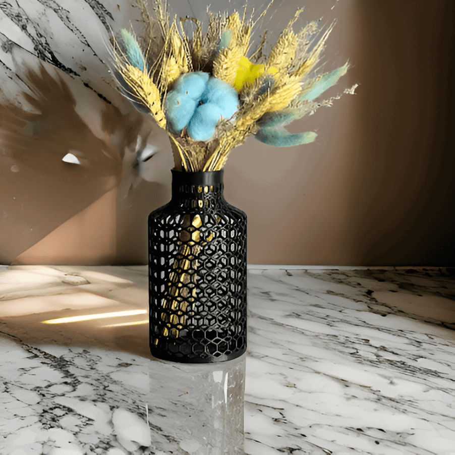 Decorative Black Honeycomb Pattern Vase, Modern Hive Design Flower Container - Celestial Crafts