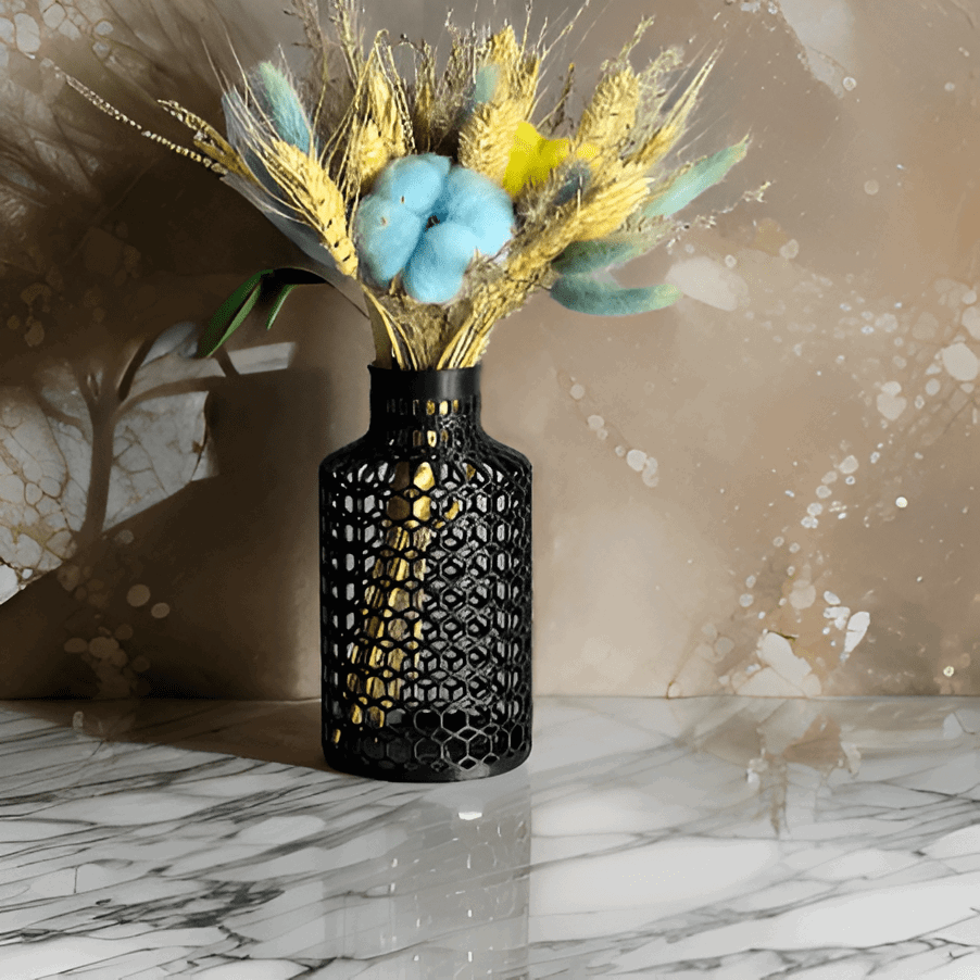 Decorative Black Honeycomb Pattern Vase, Modern Hive Design Flower Container - Celestial Crafts