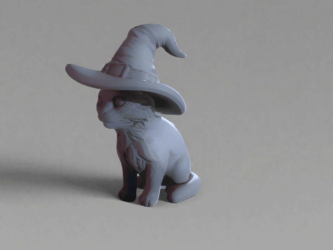 Decorative Cat Figurine with Witch Hat, Grey Kitten Statue - Celestial Crafts