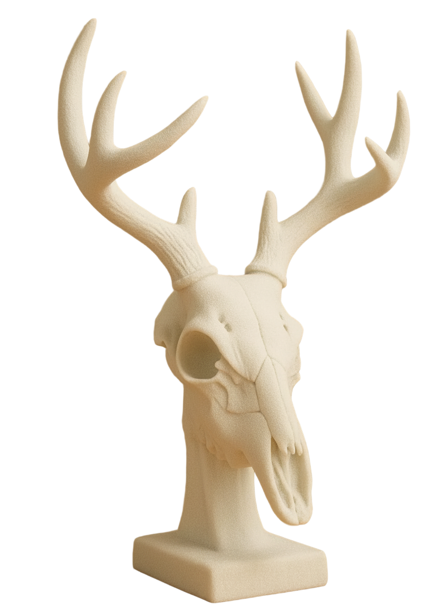 Beige deer skull figurine with detailed antlers nature-inspired art piece