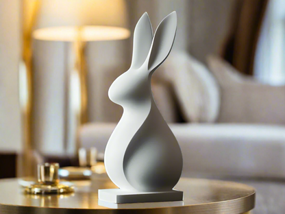 White rabbit sculpture on a table with a blurred background
