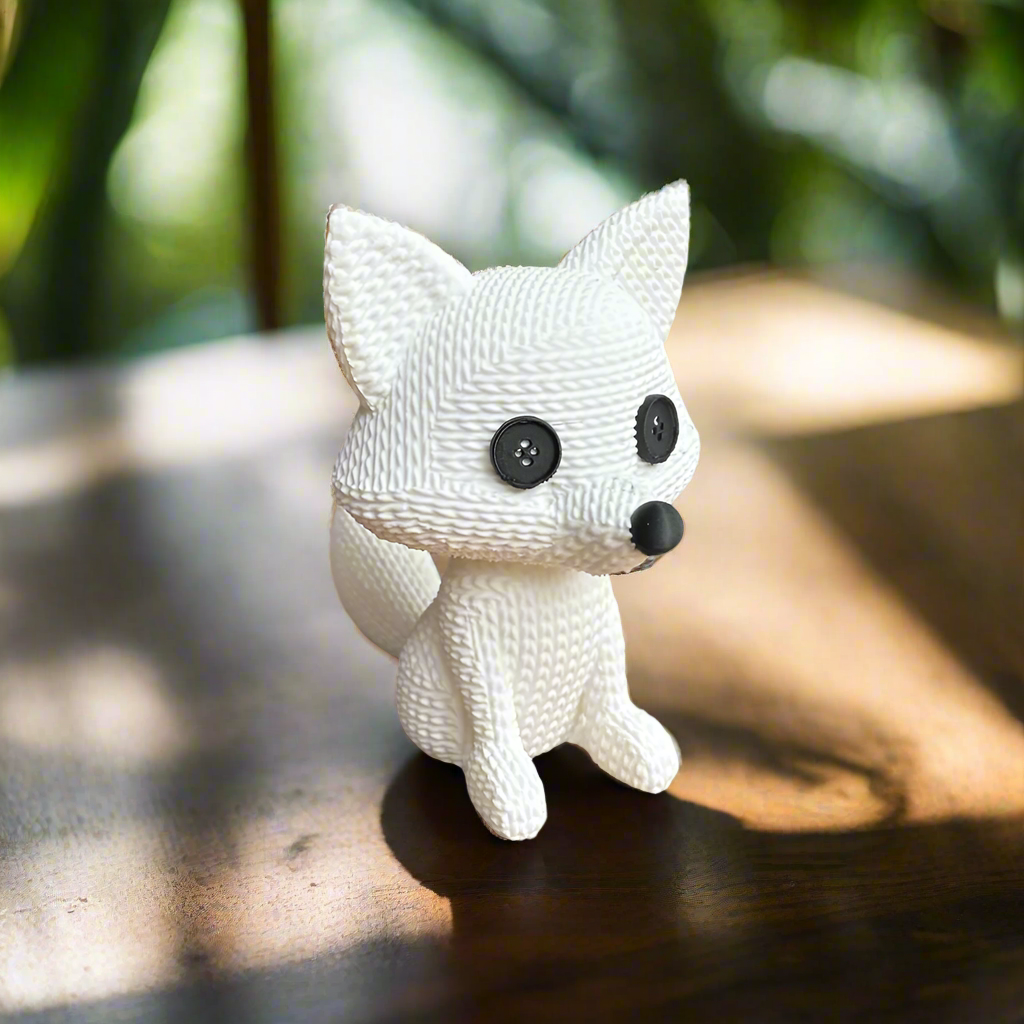Cute White Knitted Fox Figurine: Whimsical Home Decor