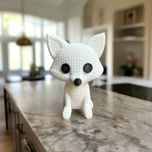 Cute White Knitted Fox Figurine: Whimsical Home Decor