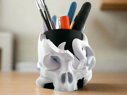 Fire Skull Pen & Tool Holder – Fiery Gothic Desk Organizer