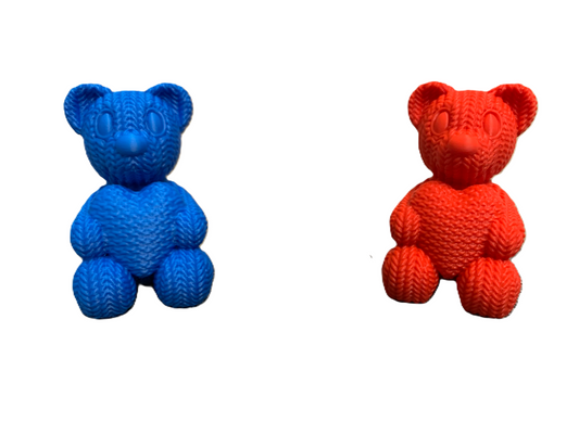 Colorful Knitted Teddy Bear Duo: Playful Home Decor