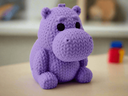 A 3D printed, purple knitted hippo figurine
