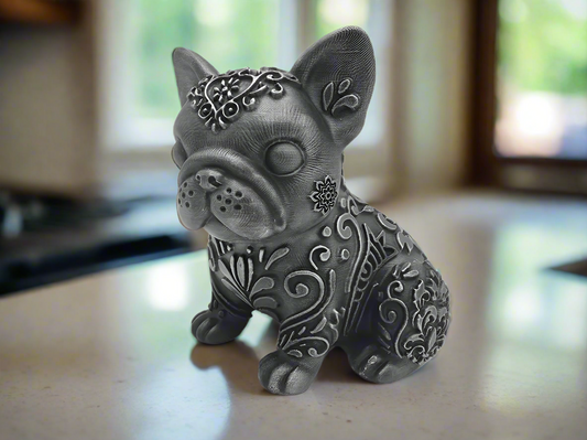 Grey Patterned French Bulldog Figurine: Unique Dog Decor