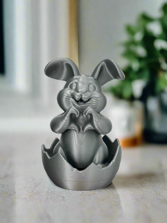 Charming Grey Bunny Statue in Cracked Egg