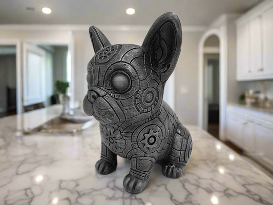 Modern Grey Gear French Bulldog Figurine: Unique Pet Accent