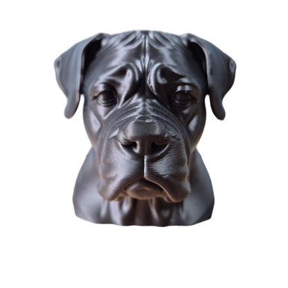 Black dog sculpture on a wooden surface with a blue background