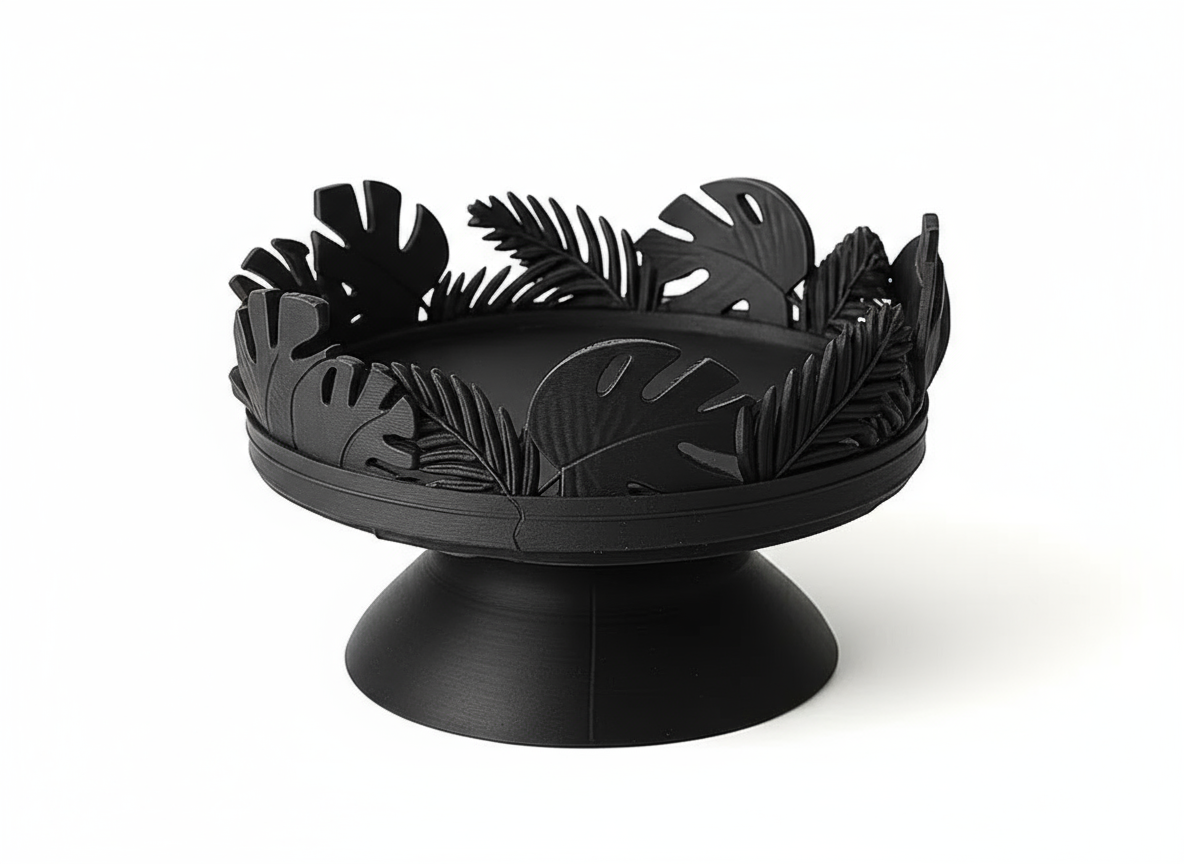 Tropical Leaf Pedestal Tray – Black Home Accent Stand | Modern Tabletop Decor & Gift for Indian Homes