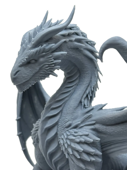 Mythic Elder Dragon Figurine | Grey Resin Sculpture | Fantasy Collectible