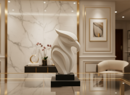 Decorative sculpture on a table in an elegant interior setting with marble walls and a painting.