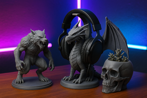 3d printed werewolf,dragon headphonestand.skull planter,tabletop kept on a table with neon wall background