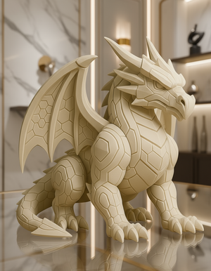Beige dragon statue on a reflective surface with a blurred background