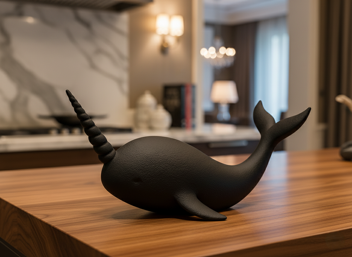 Black narwhal sculpture elegant sea creature showpiece