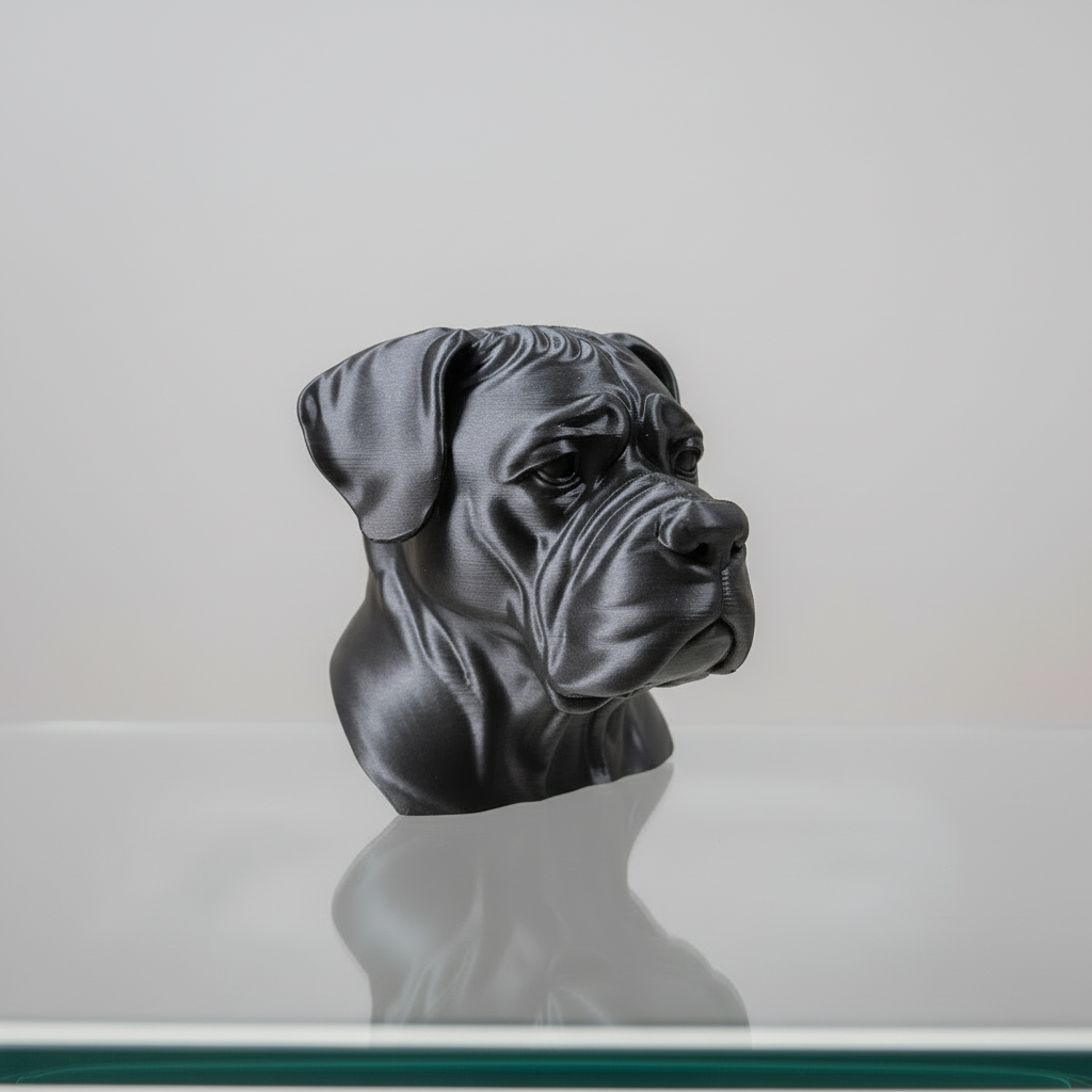 Black dog sculpture on a glass table with a blurred background