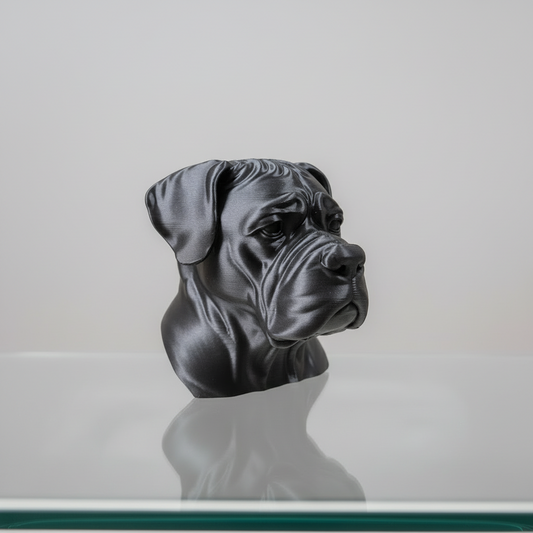 Black dog sculpture on a glass table with a blurred background