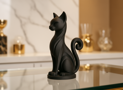 Black cat figurine on a reflective surface with a blurred background