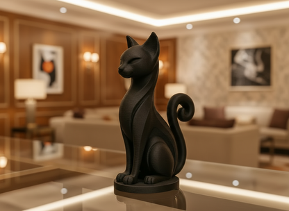 Black cat statue on a reflective surface with a blurred interior background