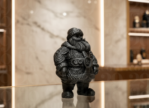Black decorative figure on a reflective surface with a blurred background