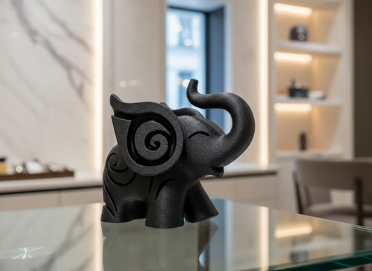 Black elephant figurine on a reflective surface with a blurred indoor background