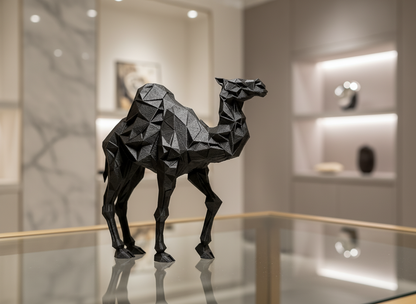 Black geometric camel sculpture on a reflective surface with a blurred indoor background