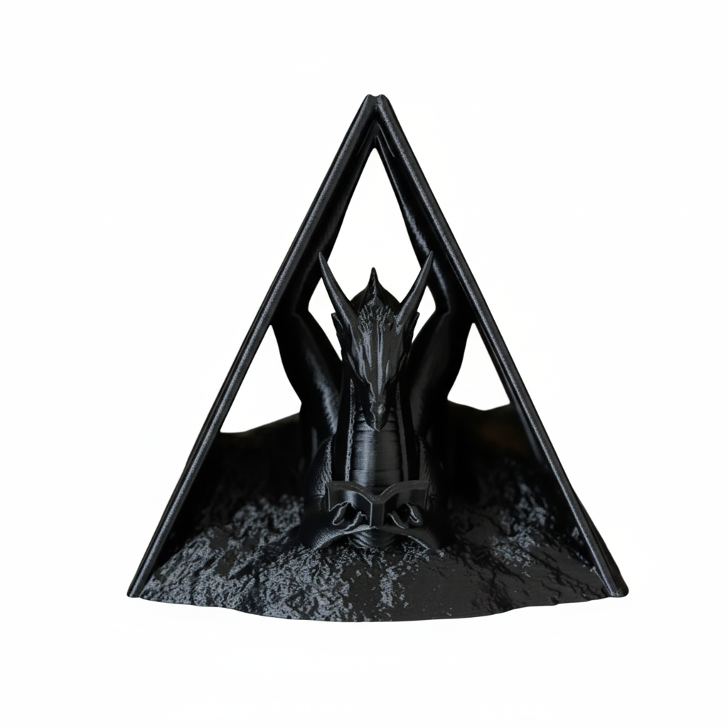 Black Dragon Wyrm Figurine Front View - Fantasy Collectible Showpiece with Mystical Triangle Frame