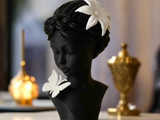 Black butterfly girl bust with white flowers elegant resin sculpture collectible