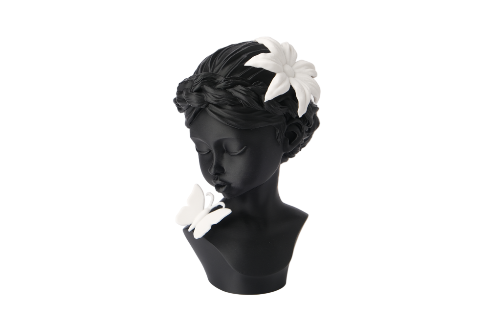 Serene butterfly girl bust white flowers black resin sculpture elegant collectible