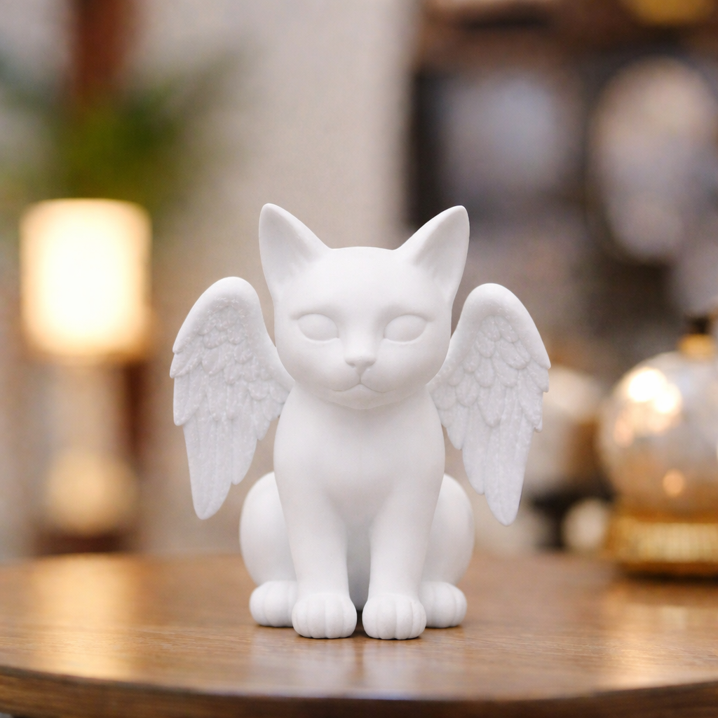 White cat figurine with angel wings on a wooden surface with blurred lights in the background