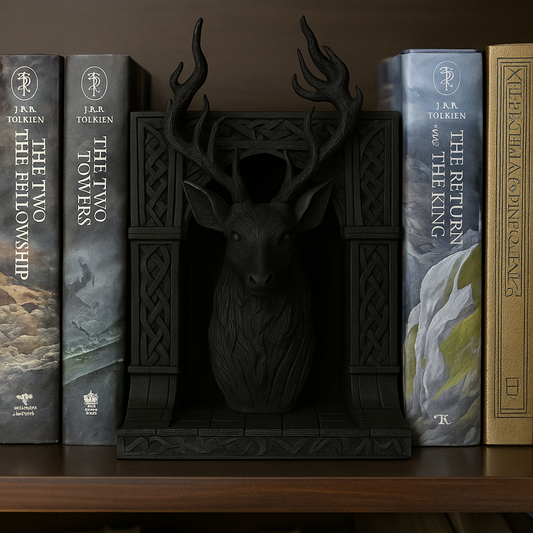 Black Stag Bookend – Gothic Arch Fantasy Decor with Antlers