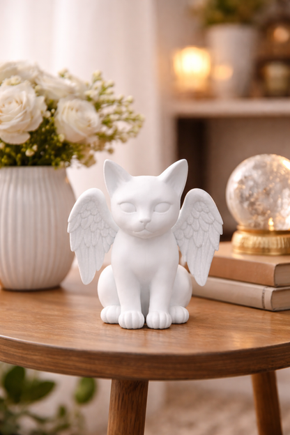 White cat figurine with angel wings on a wooden table, surrounded by decor items.