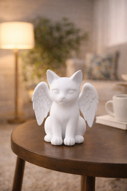 White cat figurine with angel wings on a wooden table in a cozy living room.
