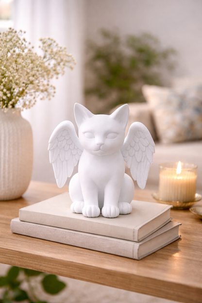White cat figurine with angel wings on a stack of books in a cozy living room setting.
