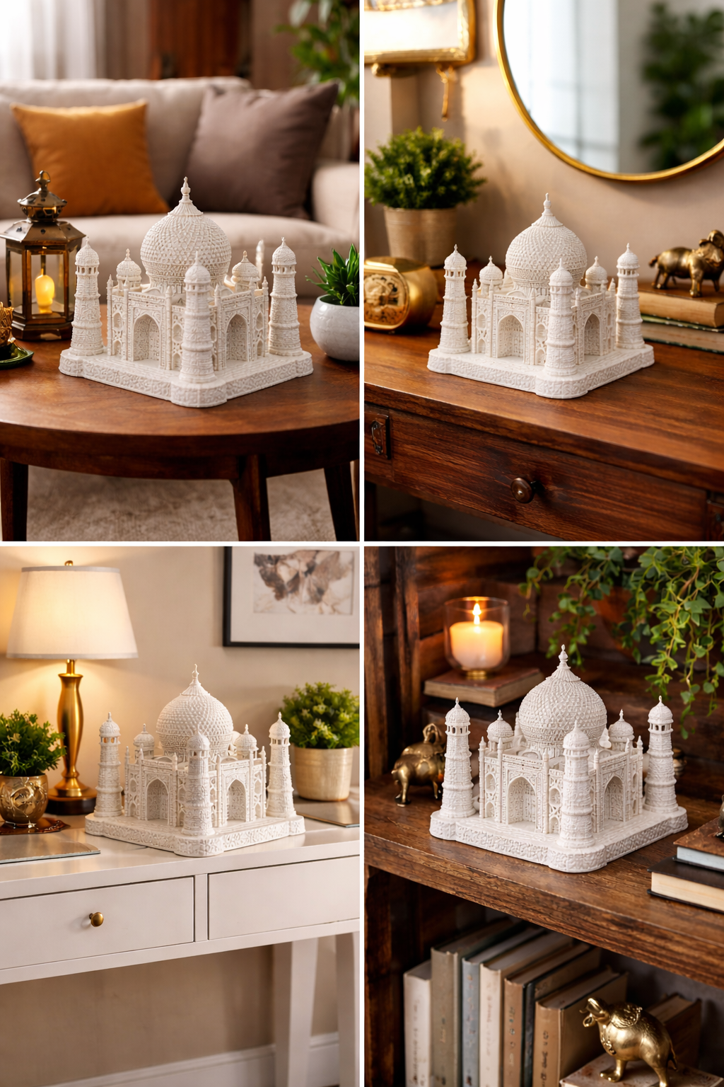 Collage of a Taj Mahal model in various indoor settings