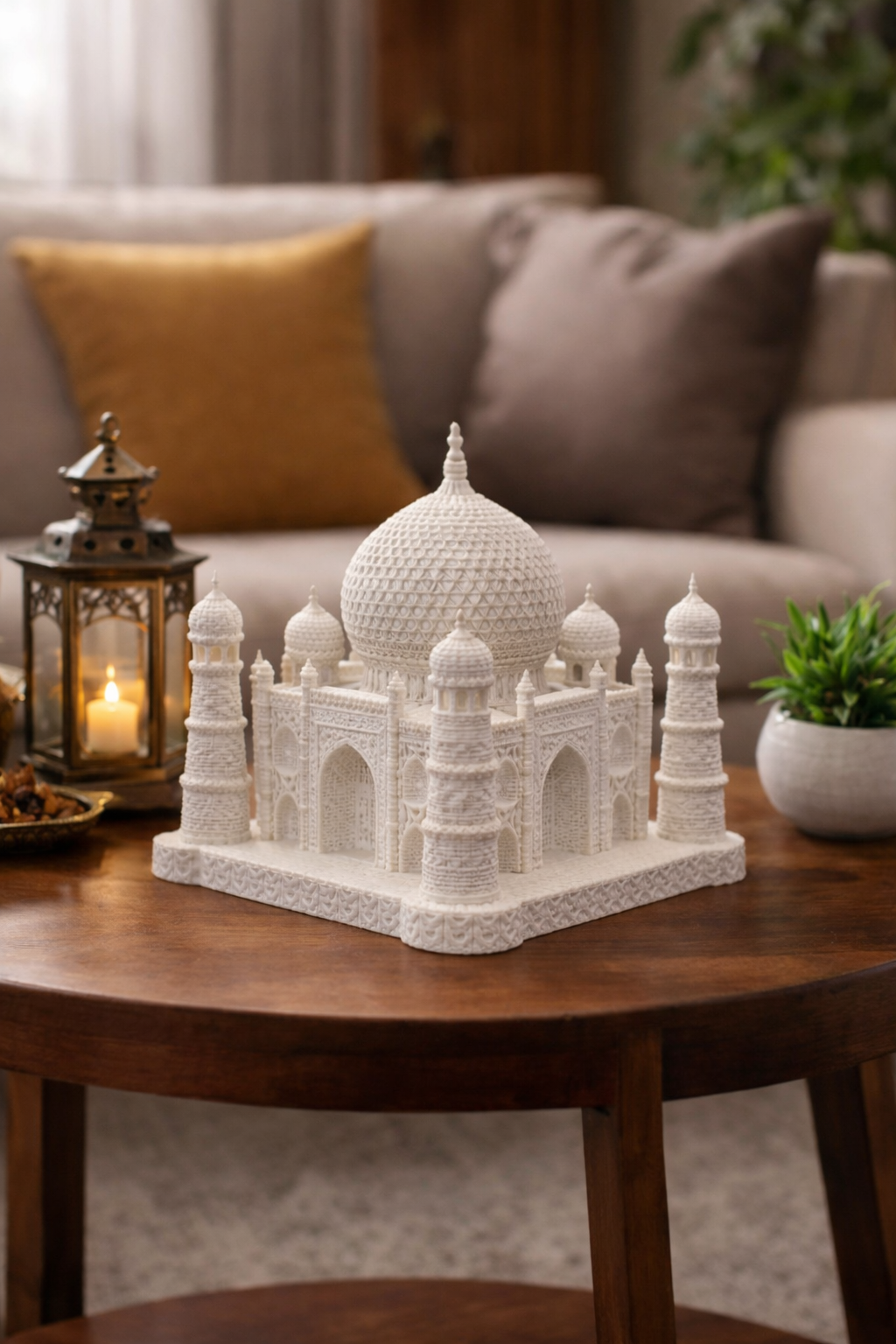 Model of the Taj Mahal on a wooden table with a candle and plant in the background.