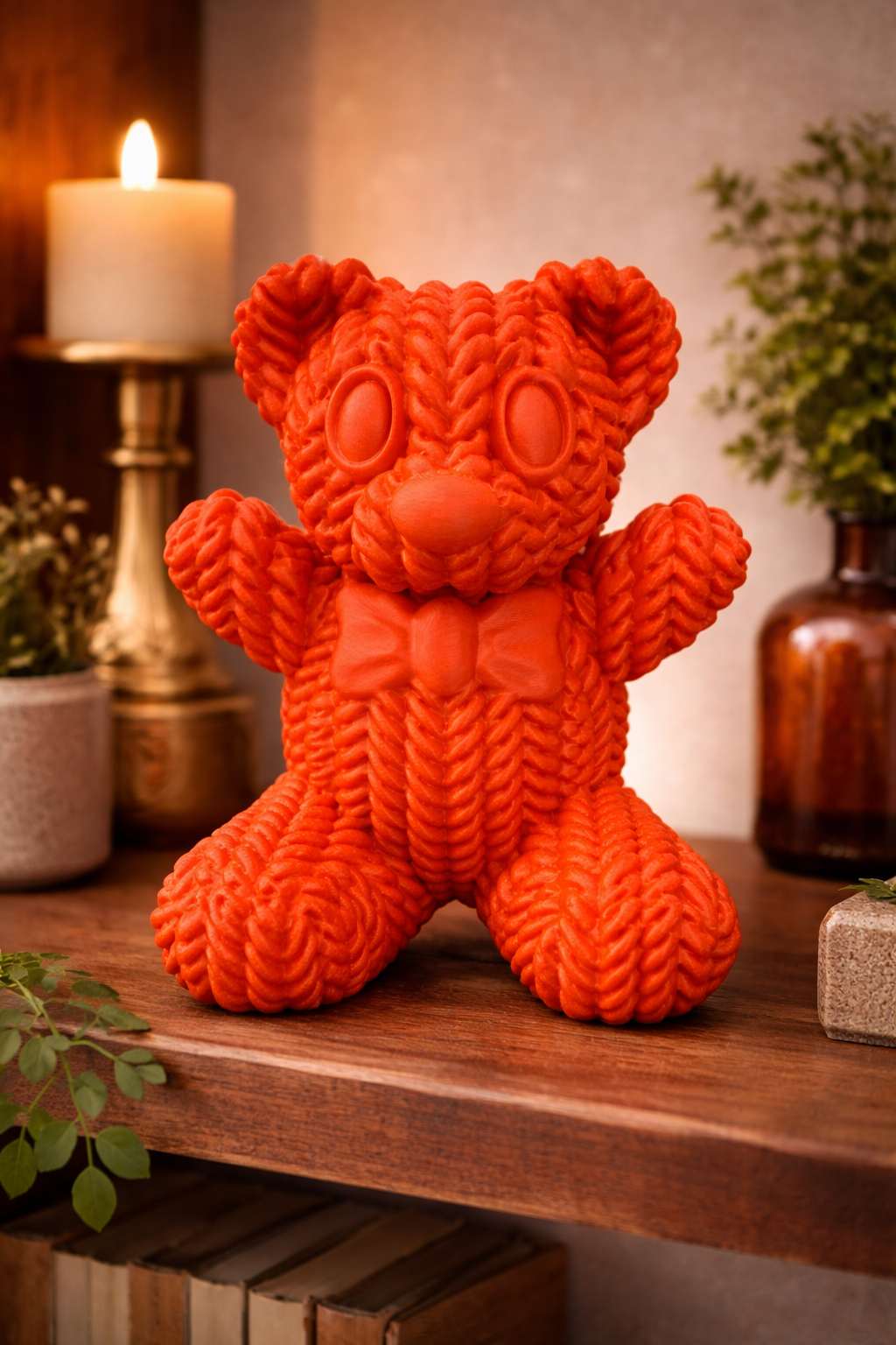 Orange teddy bear lamp on a wooden surface with decorative items in the background